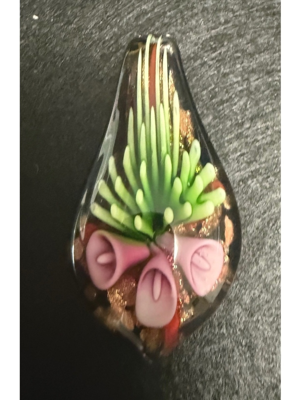Murano Style Lampwork Glass Floral Pendant Necklace Pink Flowers Aventurine